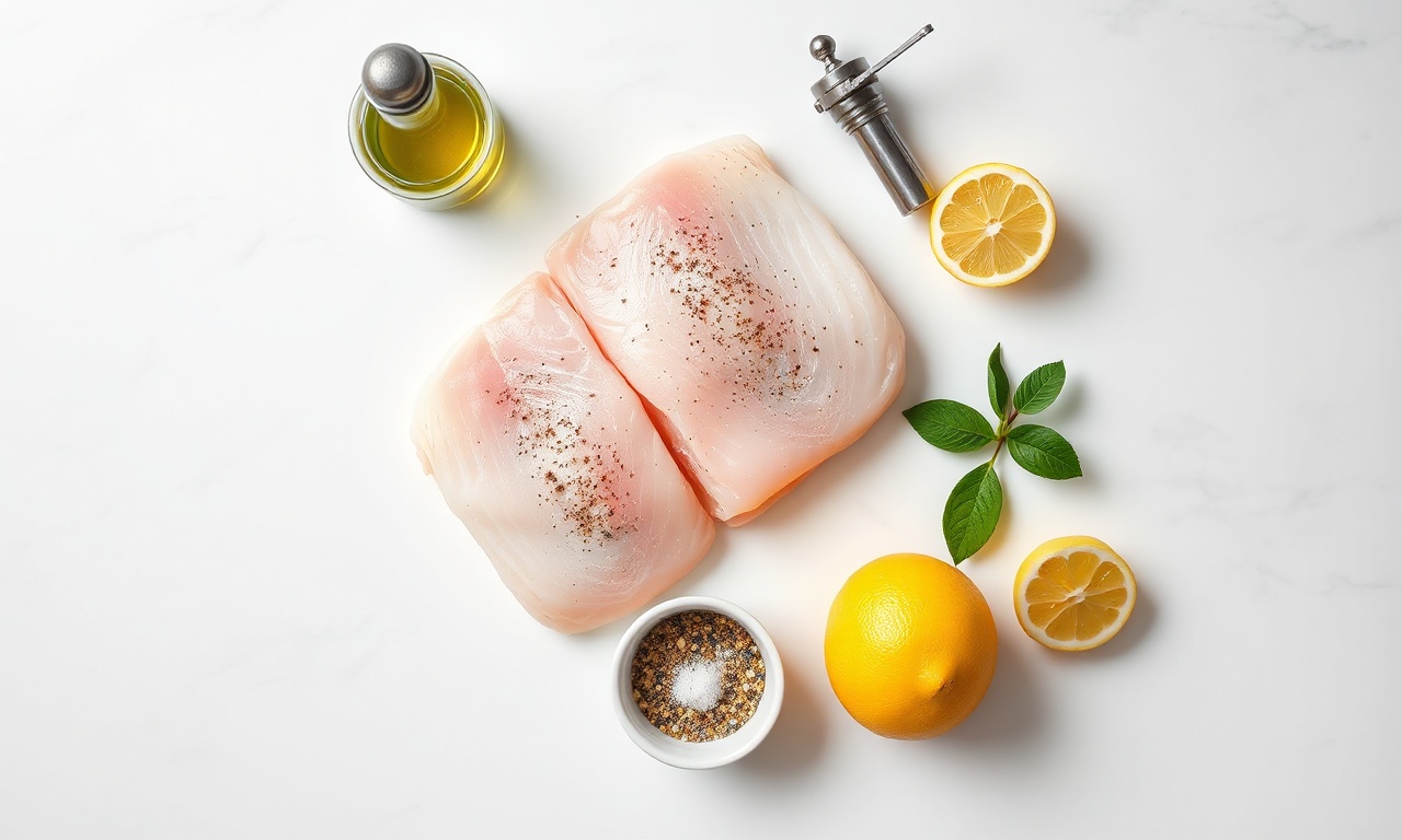 Vista de cima dos ingredientes frescos e temperos organizados para a receita.