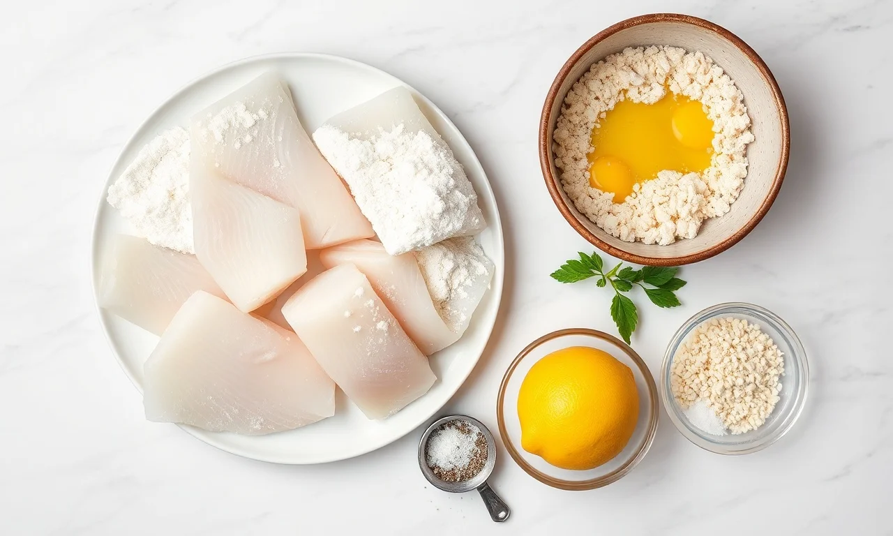 Vista de cima dos ingredientes organizados: filés de peixe, farinhas, ovos e limão.