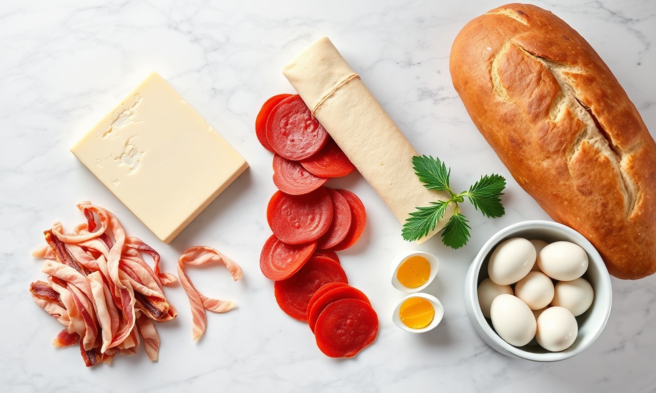 Vista de cima dos ingredientes organizados para o preparo dos aperitivos.
