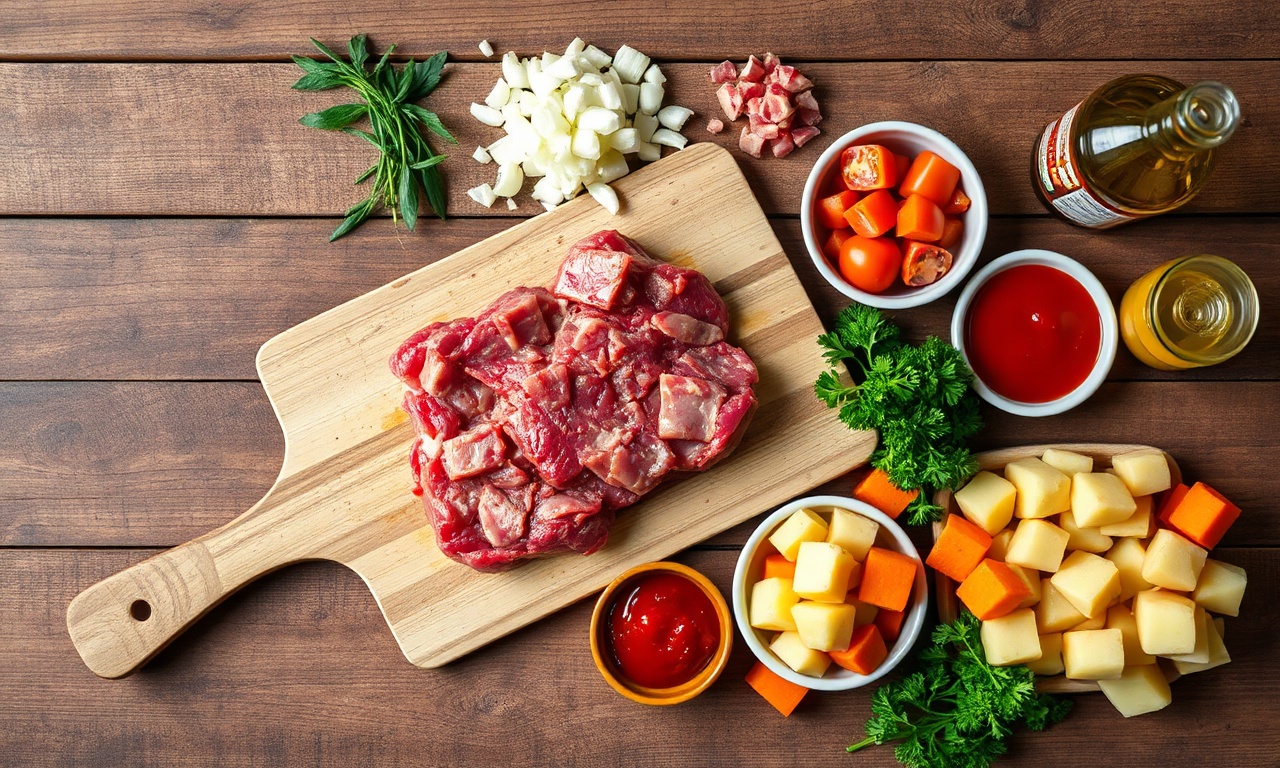 Vista de cima dos ingredientes organizados em uma superfície de madeira.