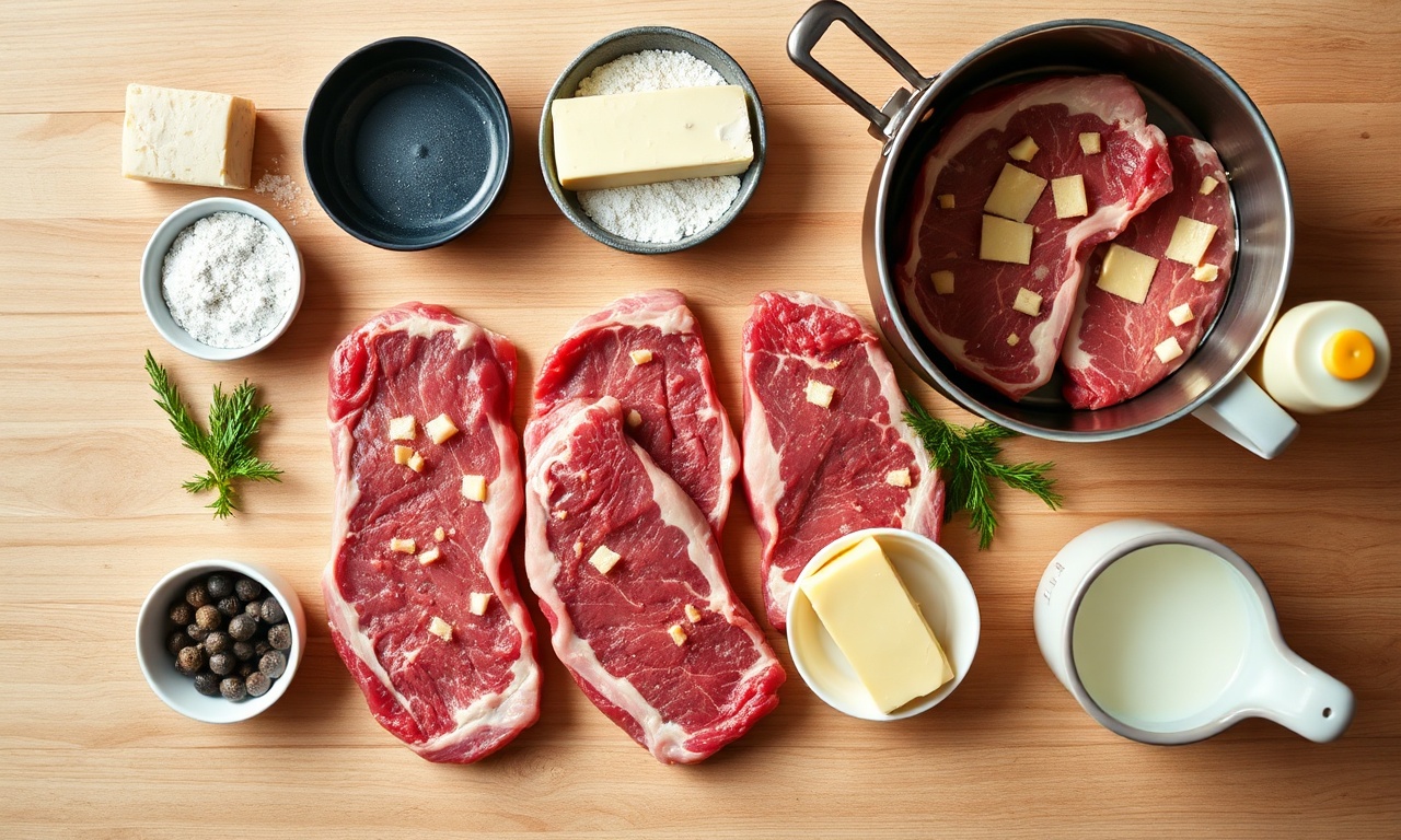 Vista de cima dos ingredientes principais: picanha, queijos e temperos.