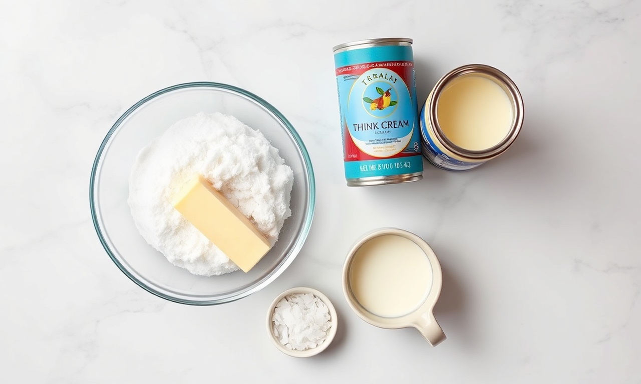 Vista de cima dos ingredientes principais: açúcar, manteiga, creme de leite, leite e flor de sal.
