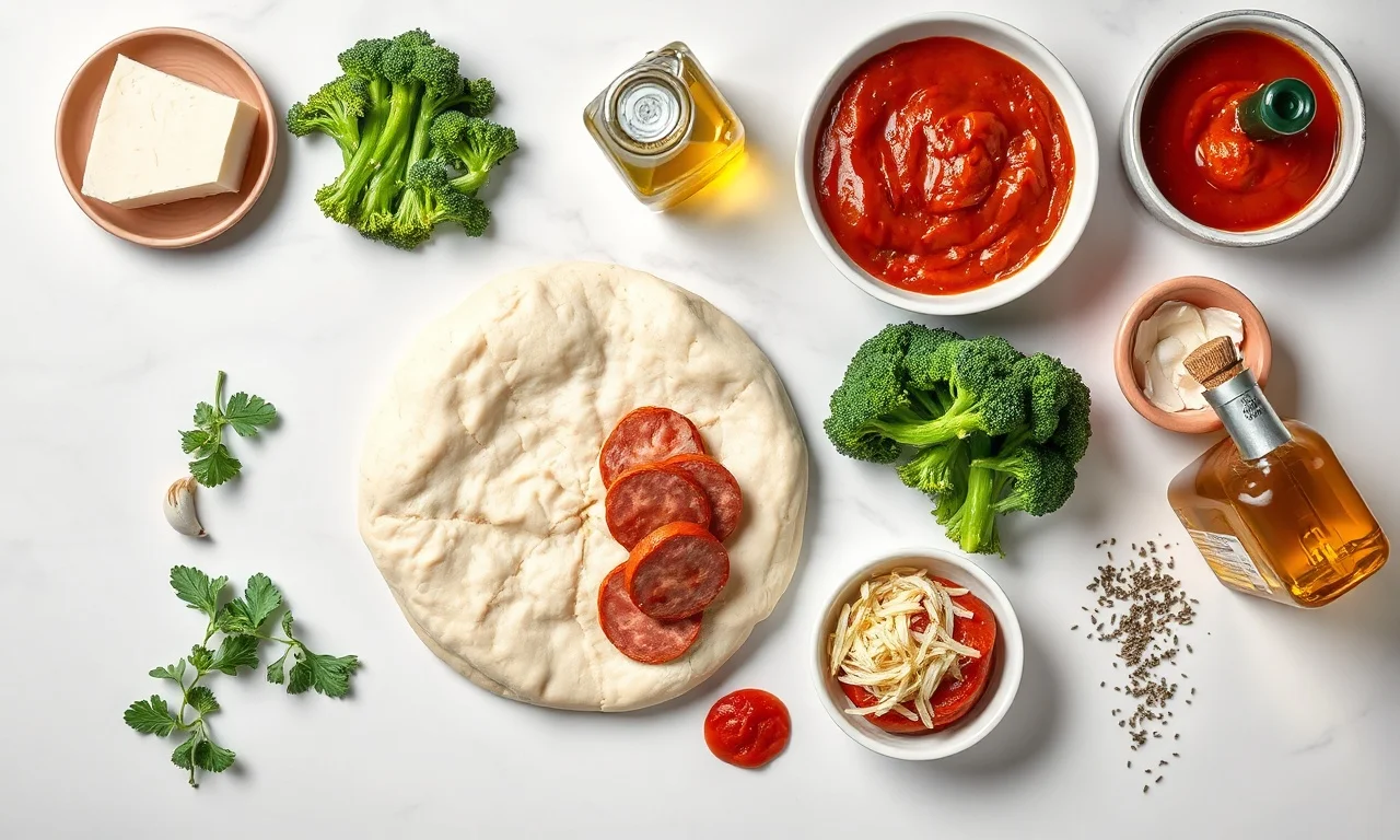 Vista de cima dos ingredientes frescos e organizados sobre uma superfície de mármore.