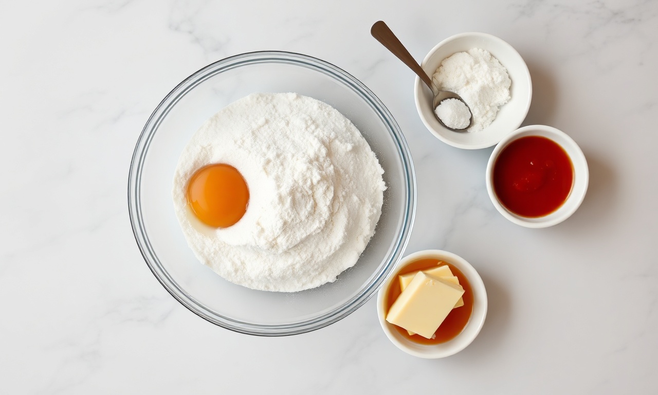 Vista de cima dos ingredientes organizados: tapioca, ovo, fermento e temperos