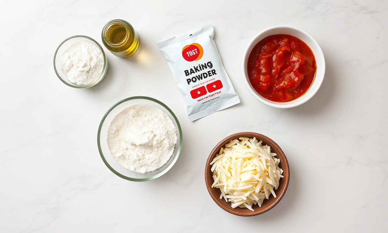 Vista de cima dos ingredientes organizados: farinha, fermento, azeite, molho de tomate e muçarela.
