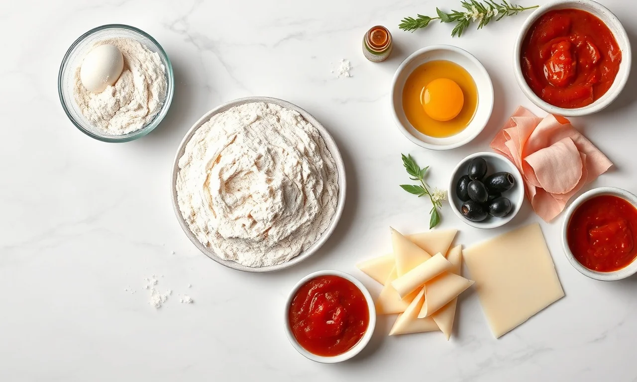 Vista de cima dos ingredientes organizados: farinha, fermento, ovo, óleo, presunto, muçarela, molho de tomate e azeitonas.