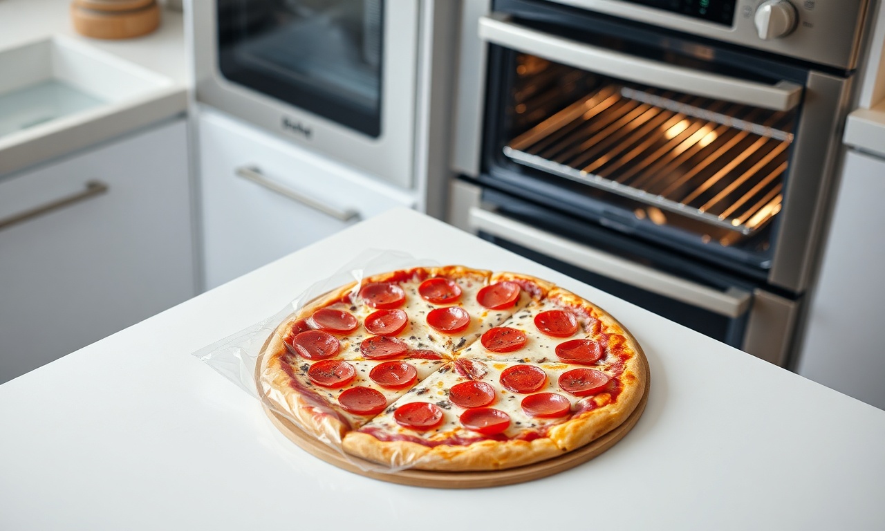 Vista de cima de uma pizza congelada embalada com sua base de papelão e um forno ao fundo.