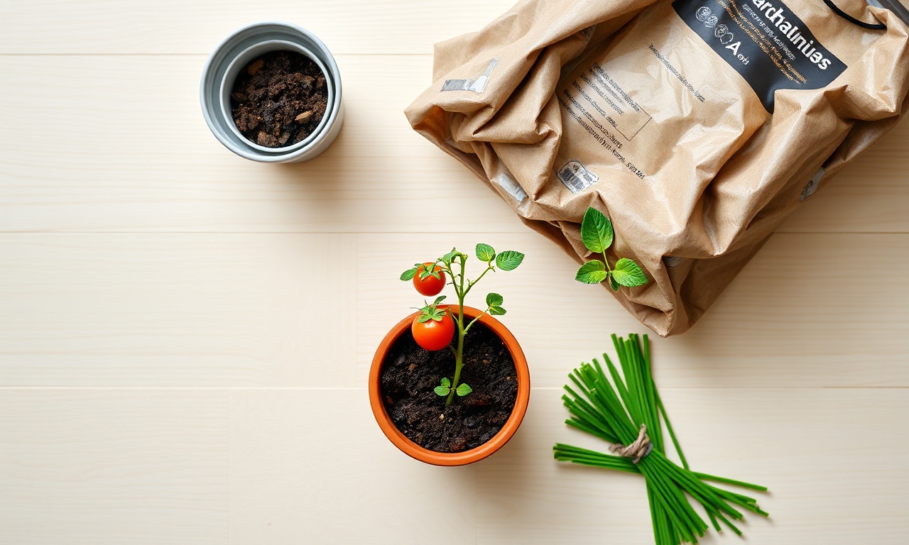 Vista de cima dos materiais para o cultivo: vaso, muda, substrato, húmus e bambu.