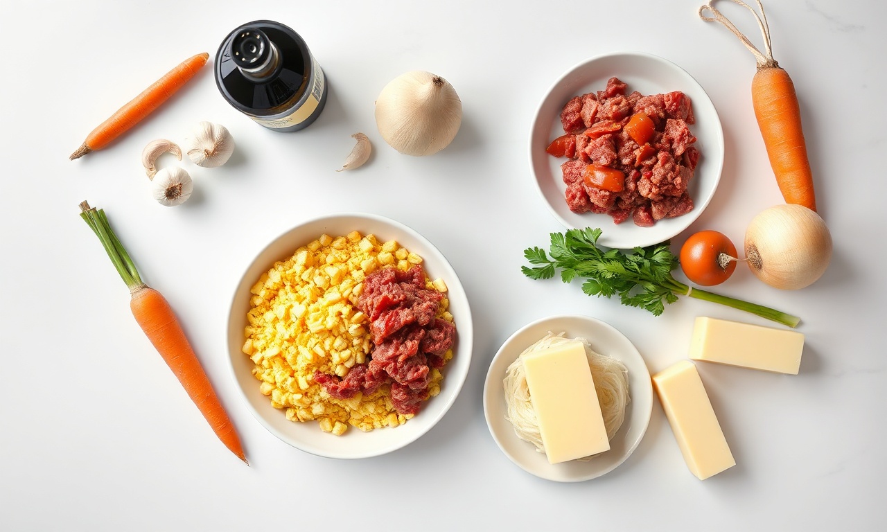 Vista de cima dos ingredientes crus e frescos para a receita.