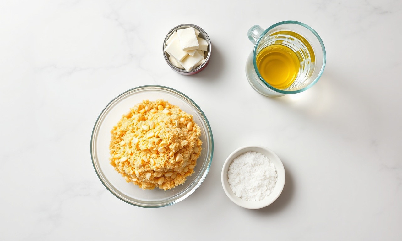 Vista de cima dos 5 ingredientes: fubá, creme de leite, azeite, sal e água.