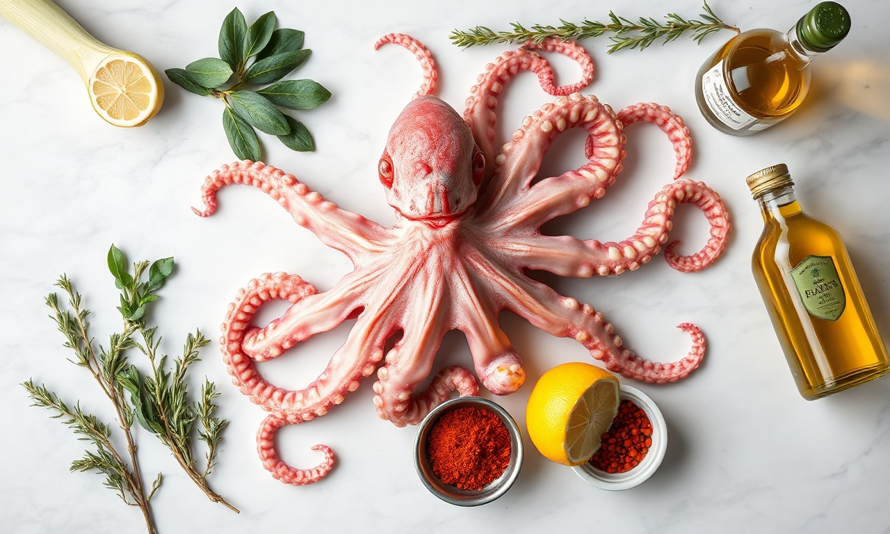 Polvo Grelhado Perfeito: Macio Por Dentro E Crocante Por Fora 4 Vista de cima dos ingredientes frescos organizados sobre superfície de mármore.