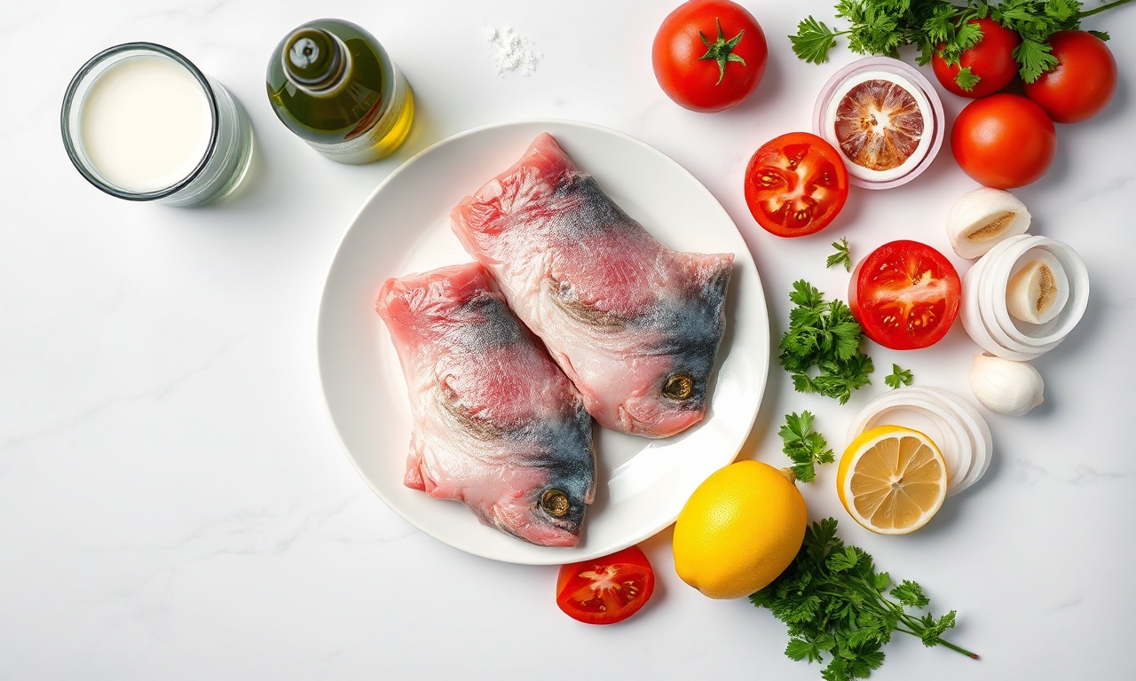 Posta De Cação No Forno Macia E Dourada Em 35 Minutos 4 Vista de cima dos ingredientes frescos organizados sobre superfície de mármore