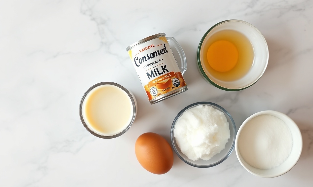 Vista de cima dos ingredientes organizados: leite condensado, ovos e leite