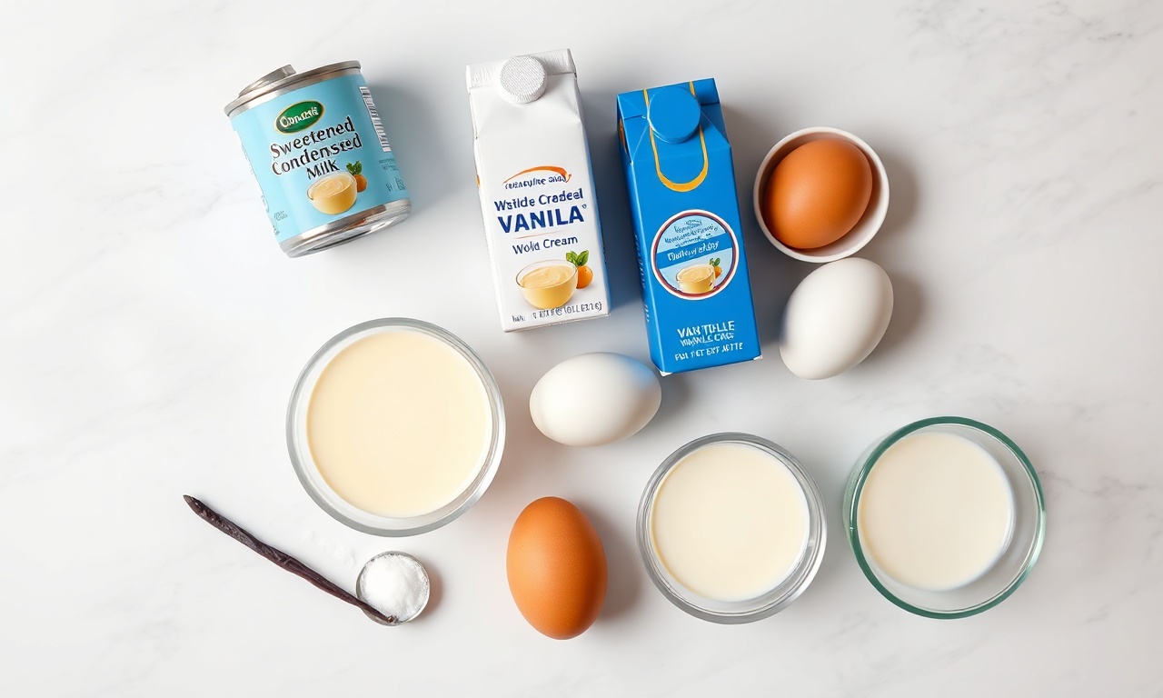 Pudim Com Creme De Leite: Receita Cremosa Que Desenforma Fácil 4 Vista de cima dos ingredientes organizados