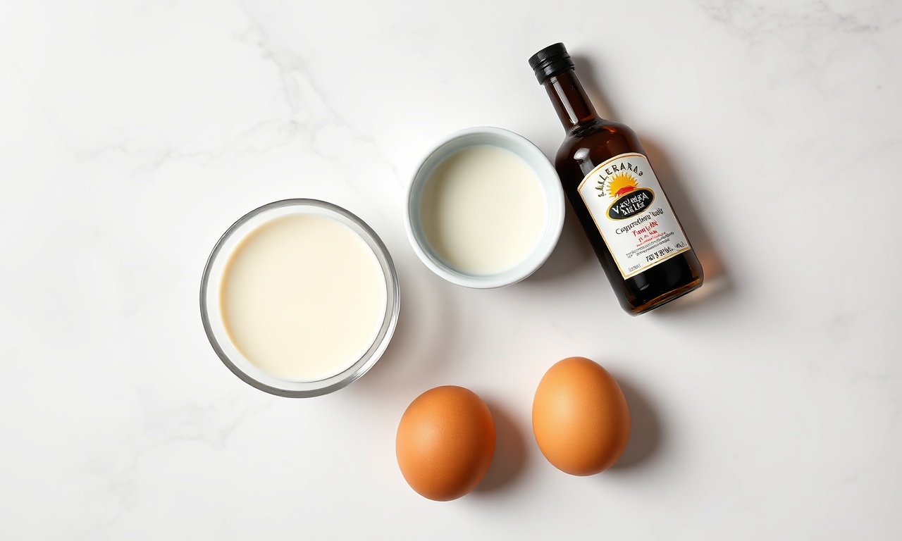 Vista de cima dos ingredientes principais: leite condensado, leite, ovos e baunilha.