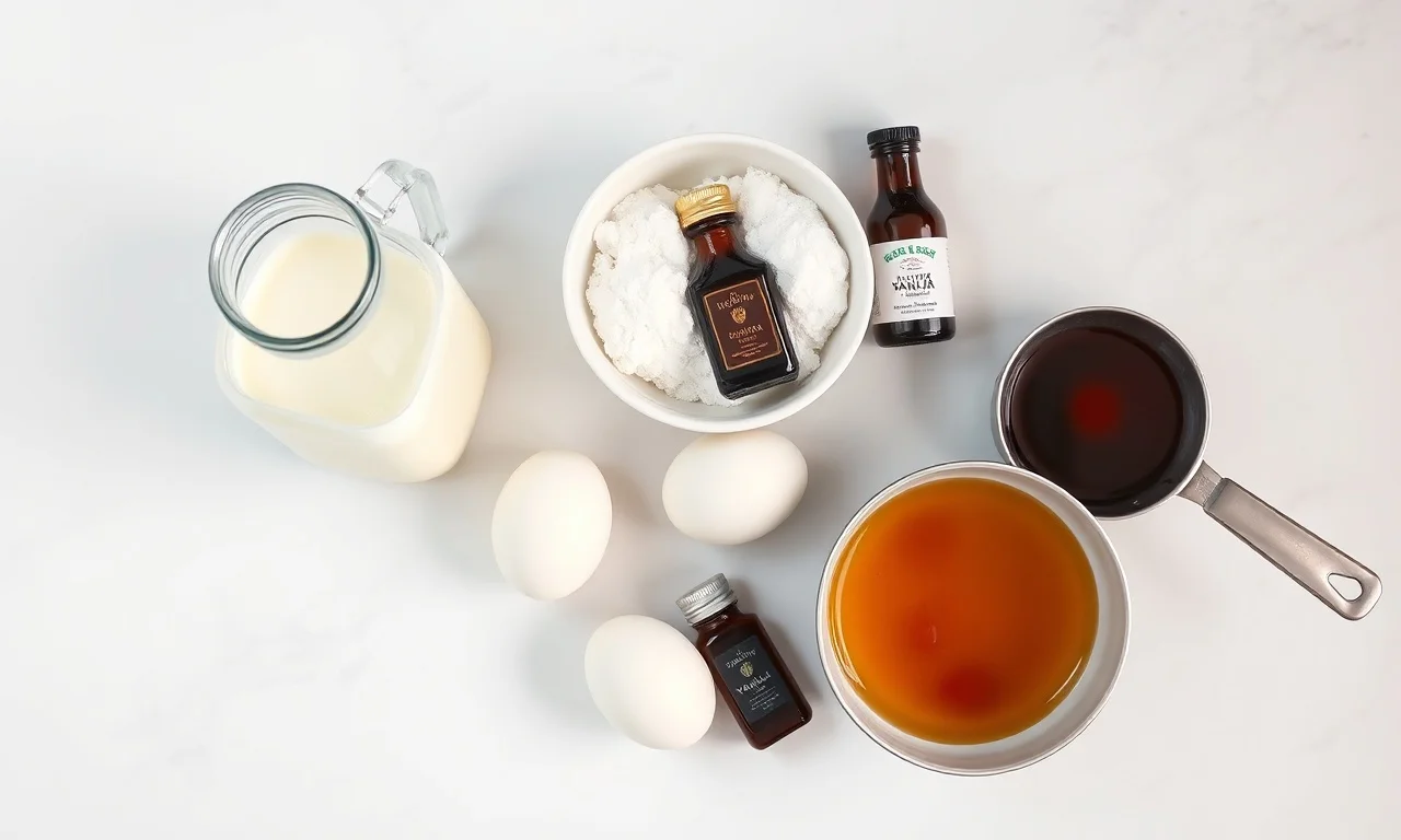 Vista de cima dos ingredientes principais: leite integral em jarra de vidro, ovos em um pires, açúcar em tigela branca, essência de baunilha e uma panela pequena com caramelo pronto.