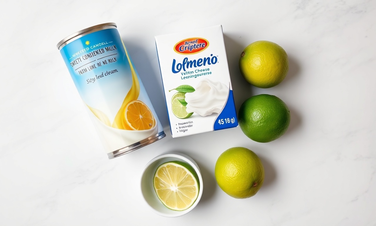 Vista de cima dos ingredientes organizados: leite condensado, creme de leite, limões frescos, gelatina e açúcar.
