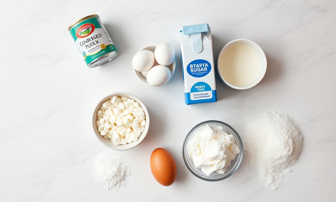 Vista de cima dos ingredientes organizados em superfície clara.