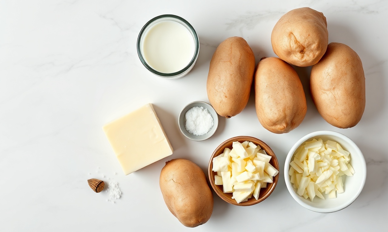Vista de cima dos ingredientes organizados sobre superfície de mármore