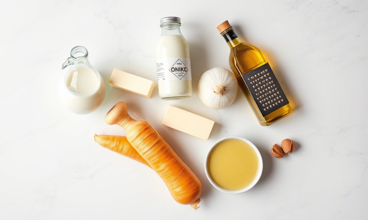 Vista de cima dos ingredientes crus e organizados sobre superfície de mármore.
