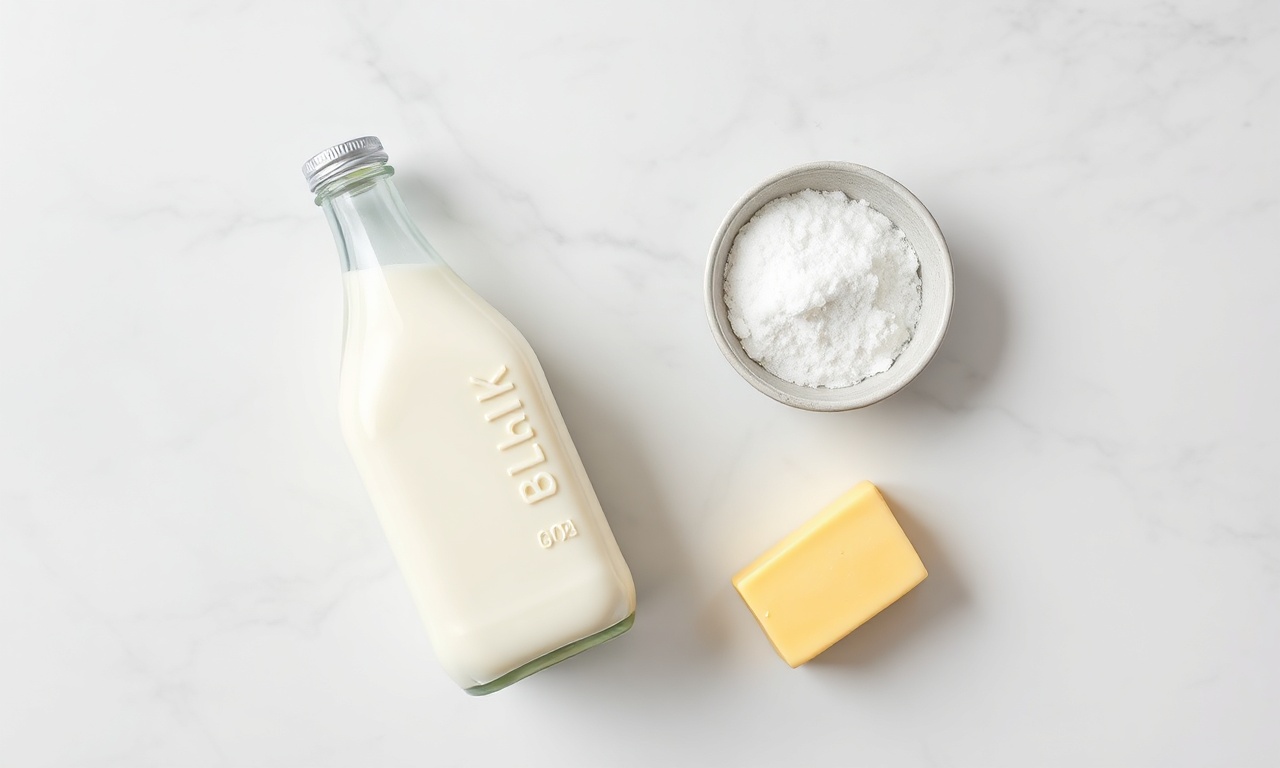 Queijo Caseiro Fácil Em 40 Minutos Com 4 Ingredientes 4 Vista de cima dos 4 ingredientes simples: leite integral, ácido cítrico, sal e manteiga.