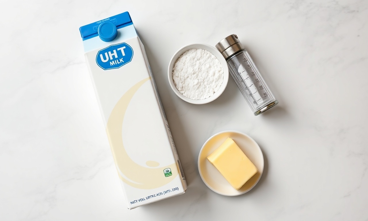Vista de cima com os quatro ingredientes principais: leite, ácido cítrico, sal e manteiga.