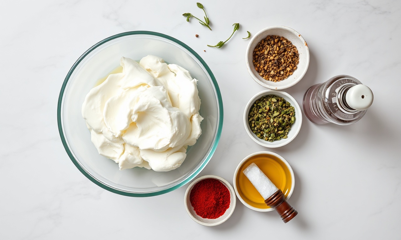 Vista de cima dos ingredientes principais organizados para a receita.