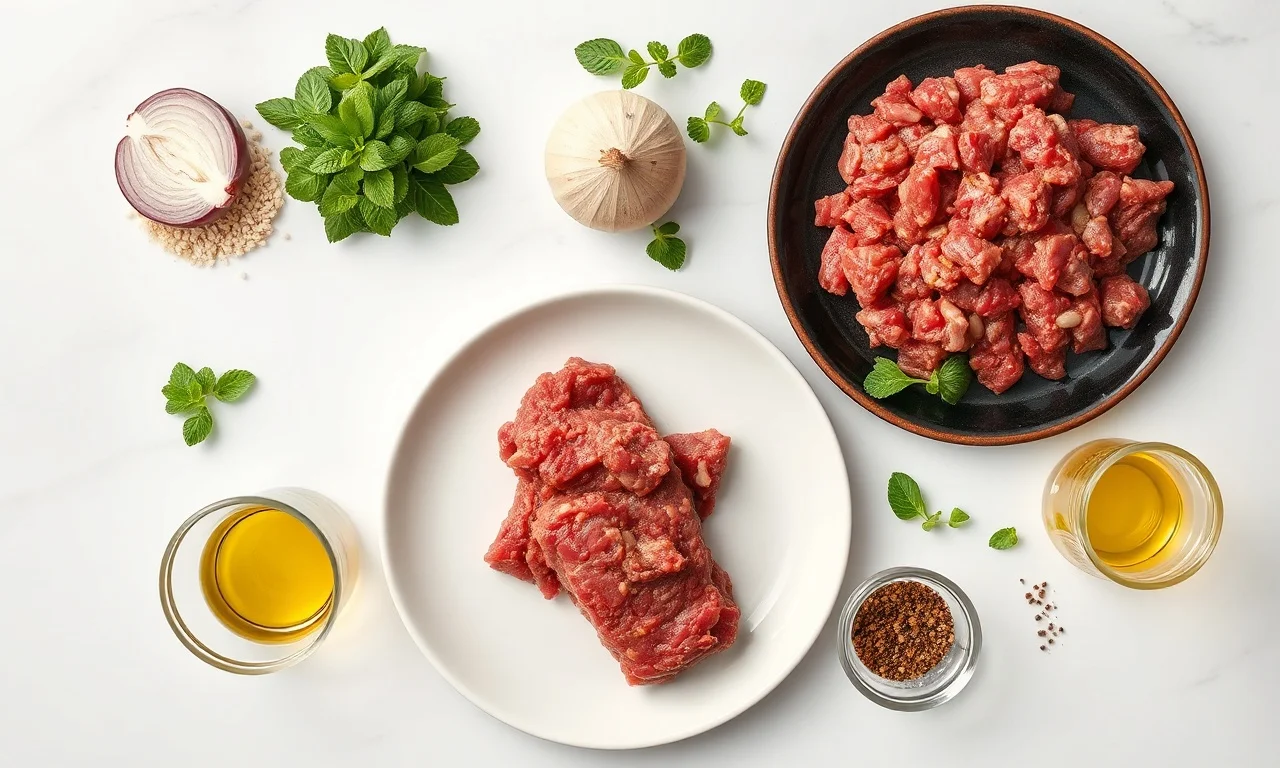 Vista de cima dos ingredientes frescos e secos organizados.