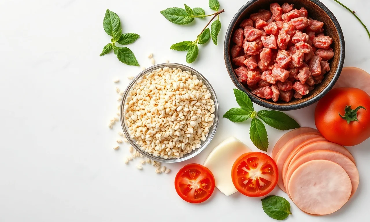 Vista de cima dos ingredientes frescos organizados para a receita.