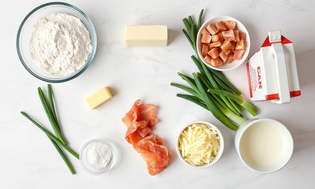 Vista de cima dos ingredientes organizados: farinha, manteiga, ovos, bacon, alho-poró, creme de leite e queijo.