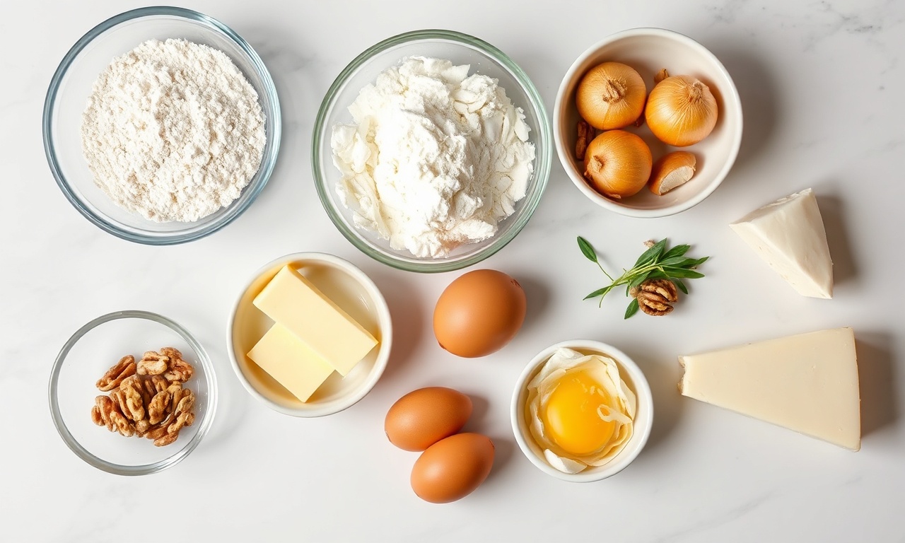 Vista de cima dos ingredientes organizados: farinhas, manteiga, cebolas, nozes, ovos e queijo.