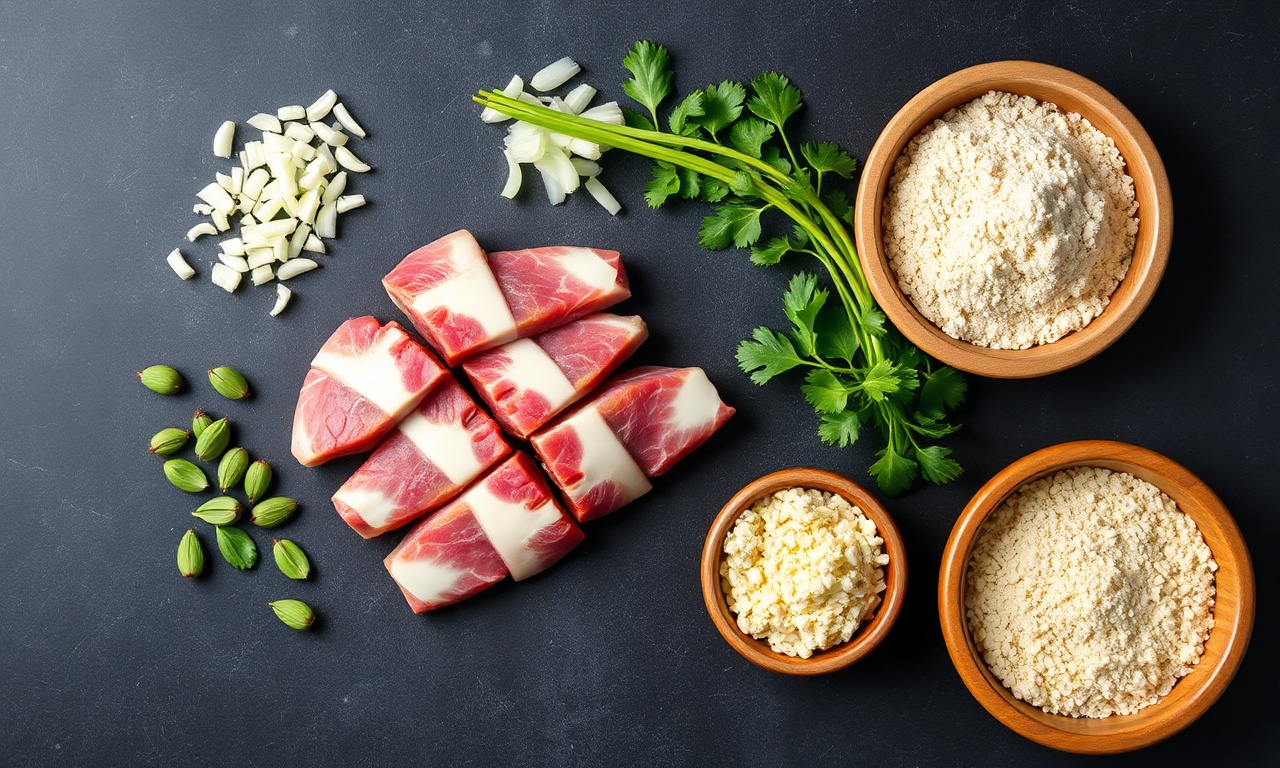 Vista de cima dos pedaços de rabo bovino, legumes e temperos organizados.