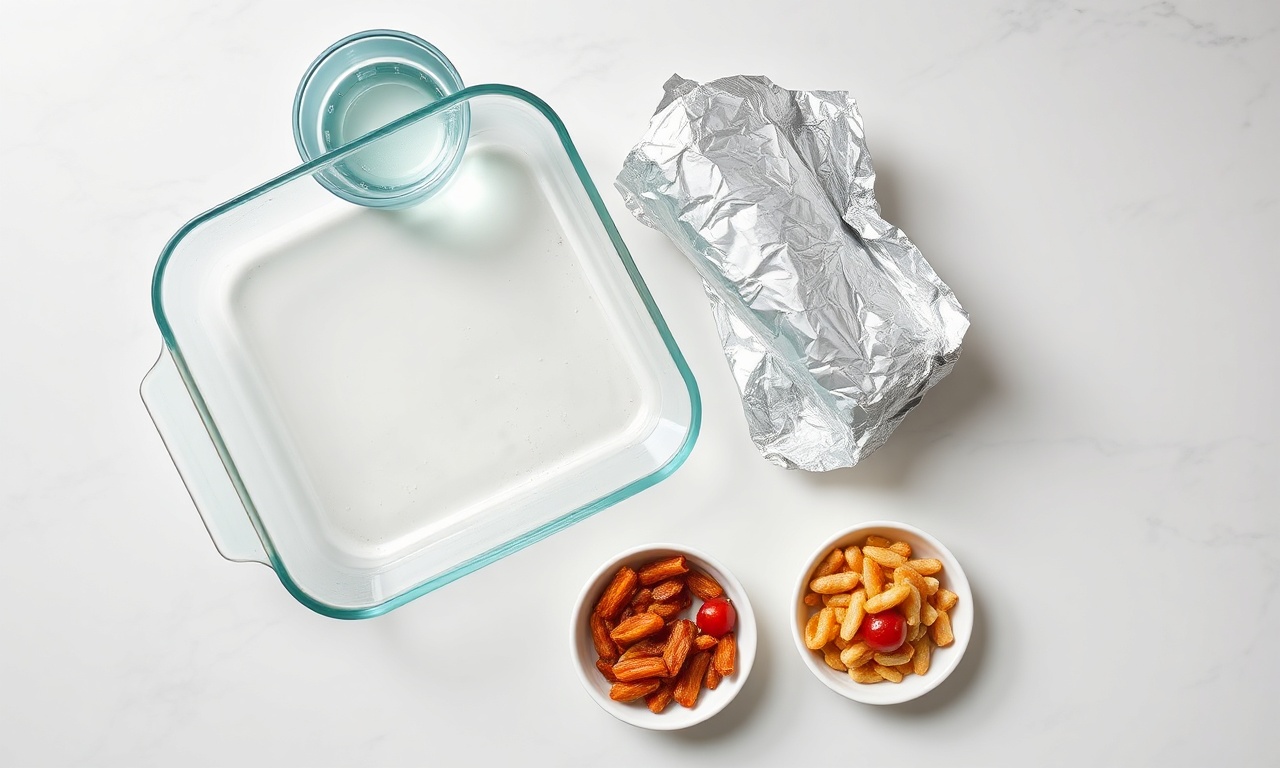 Vista de cima dos materiais necessários: recipiente de vidro, papel-alumínio, colher de líquido e porção de comida