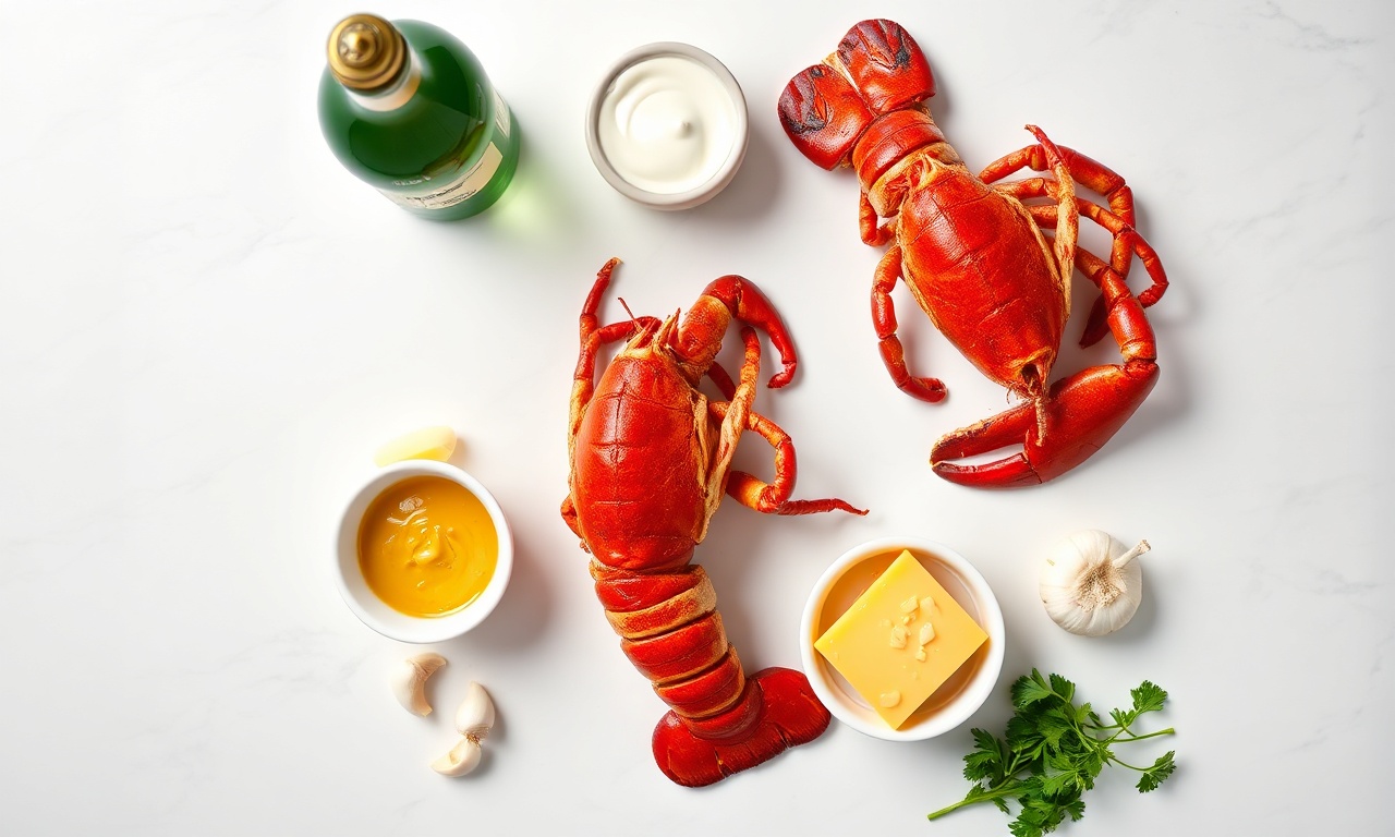 Receita De Lagosta Thermidor Cremosa Para Jantar Especial 4 Vista de cima dos ingredientes frescos e organizados.