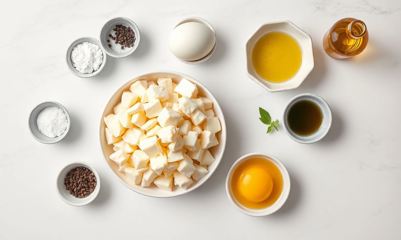Vista de cima dos ingredientes organizados: mandioca cozida, queijo, ovo e temperos.