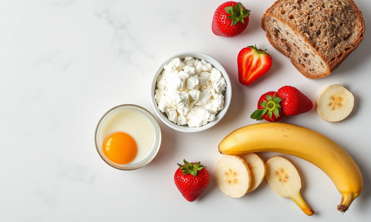 Vista de cima com ovos, tapioca granulada, queijo cottage, tomate e frutas frescas organizados