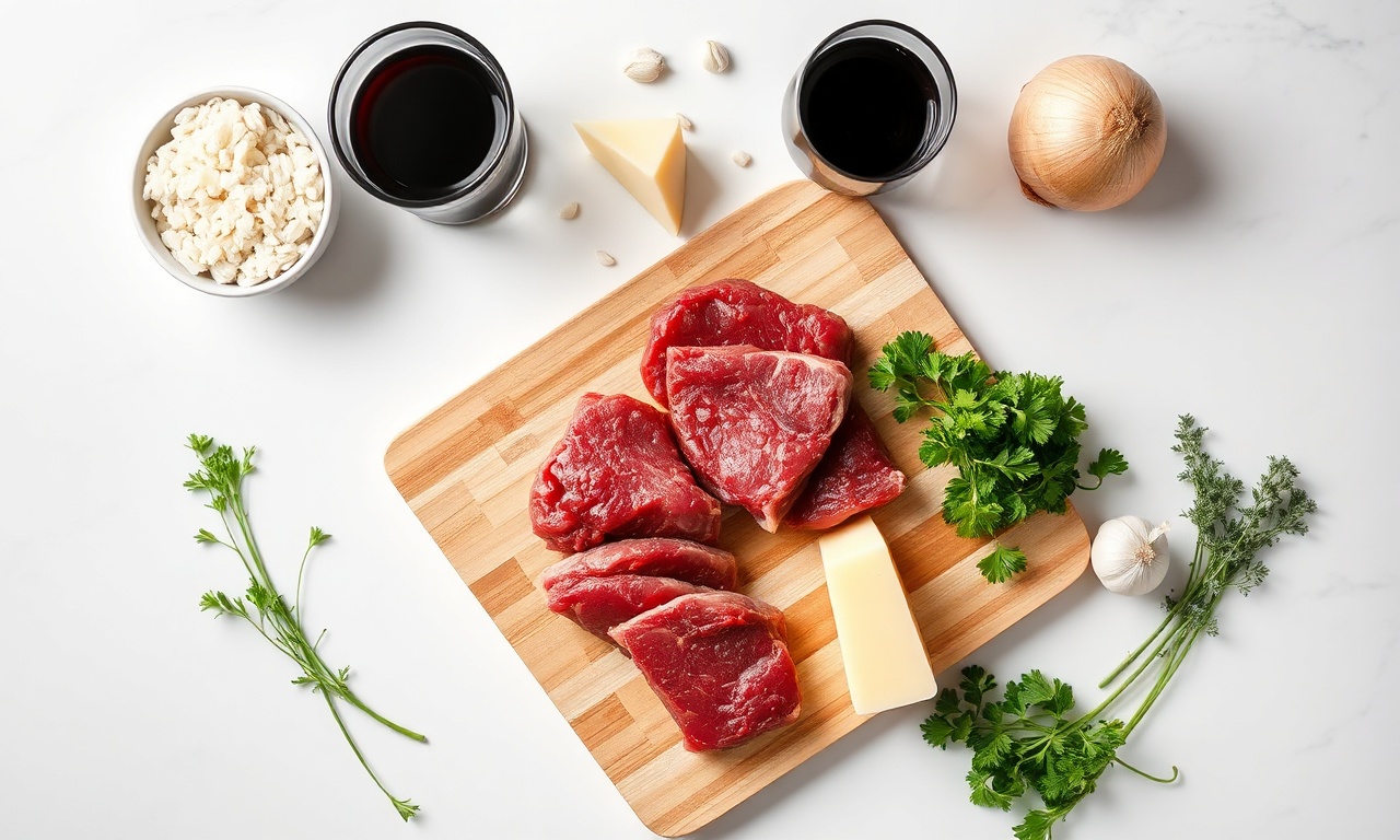 Vista de cima com todos os ingredientes frescos e secos organizados para a receita.
