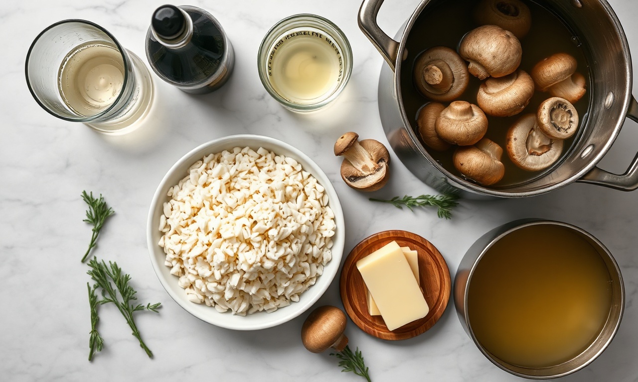 Risoto De Cogumelos: Segredo Italiano Para Máxima Cremosidade 4 Vista de cima dos ingredientes organizados na bancada