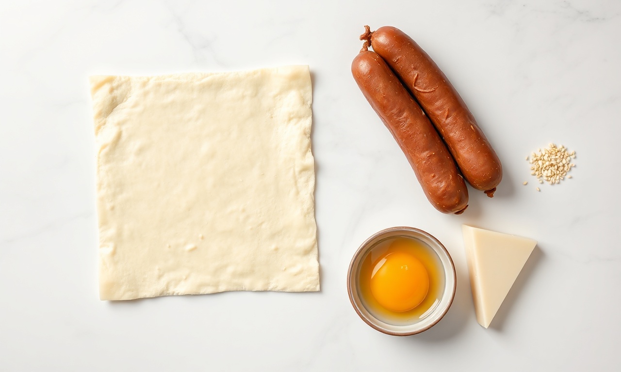 Vista de cima dos ingredientes principais: massa folhada, linguiça cuiabana, queijo brie e gema de ovo.