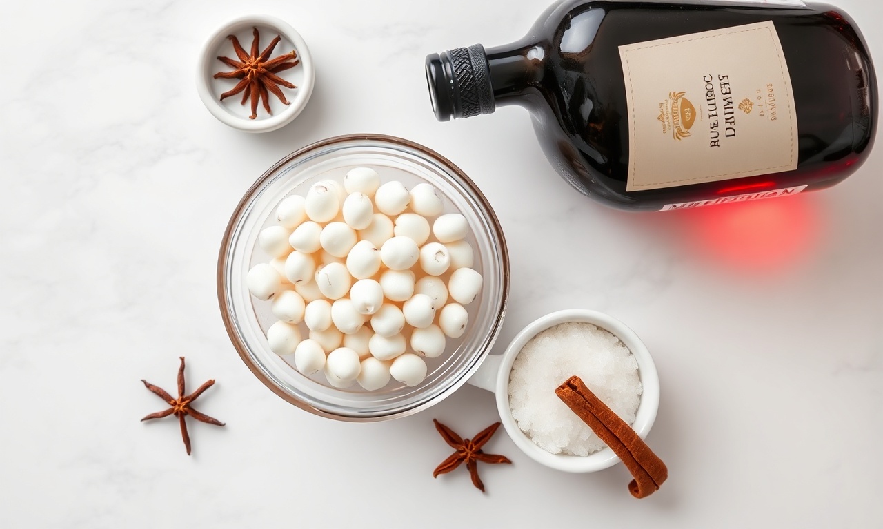 Vista de cima dos ingredientes organizados: sagu, vinho tinto, açúcar, cravo e canela