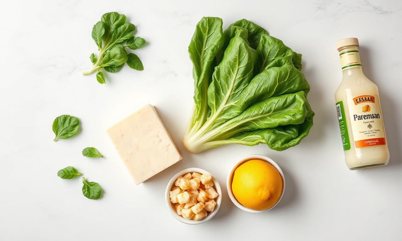 Acompanhamento Para Frango Empanado: 6 Ideias Rápidas 4 Vista de cima dos ingredientes para a salada Caesar organizados sobre uma superfície de mármore.