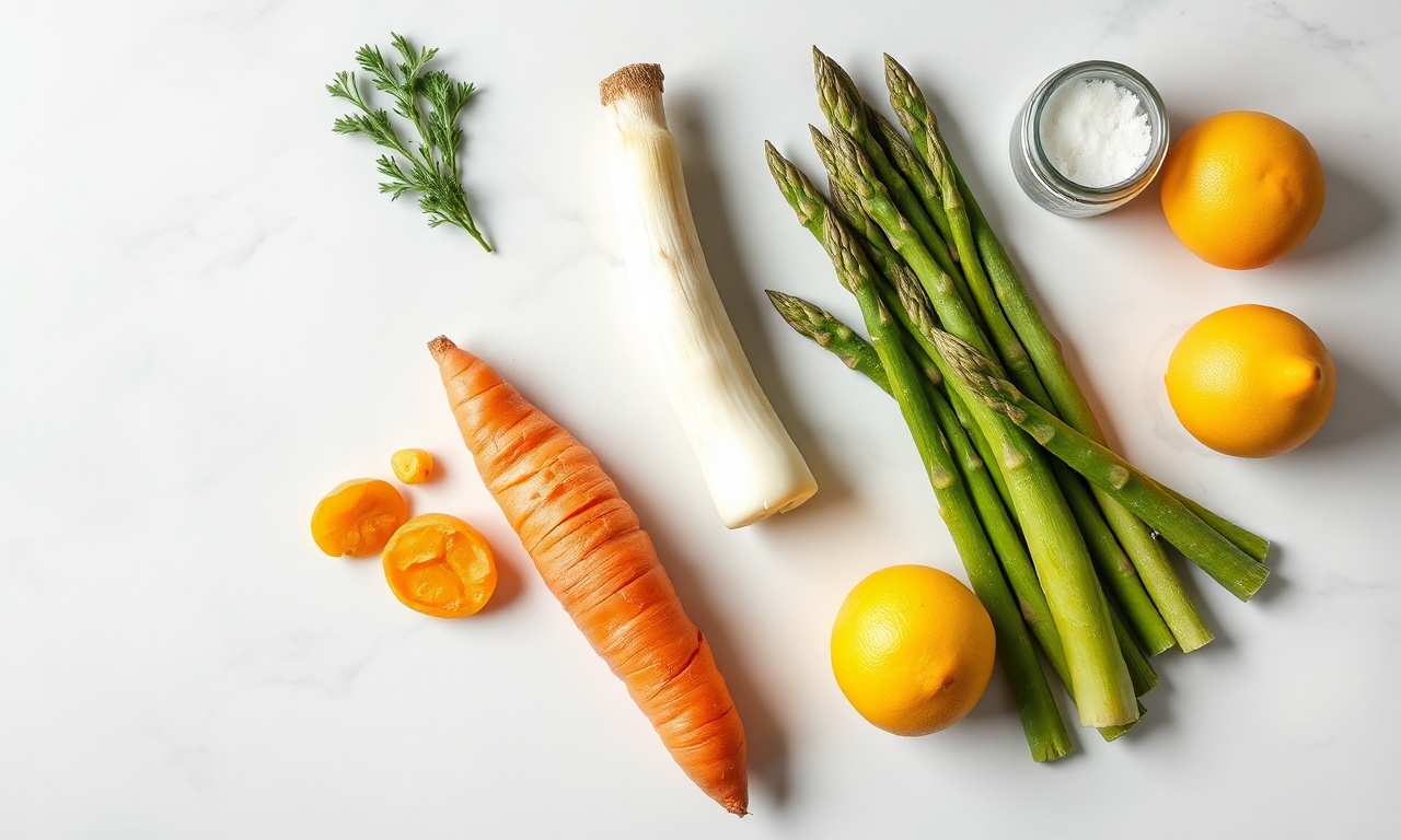 Vista de cima dos ingredientes frescos e secos organizados sobre superfície de mármore.