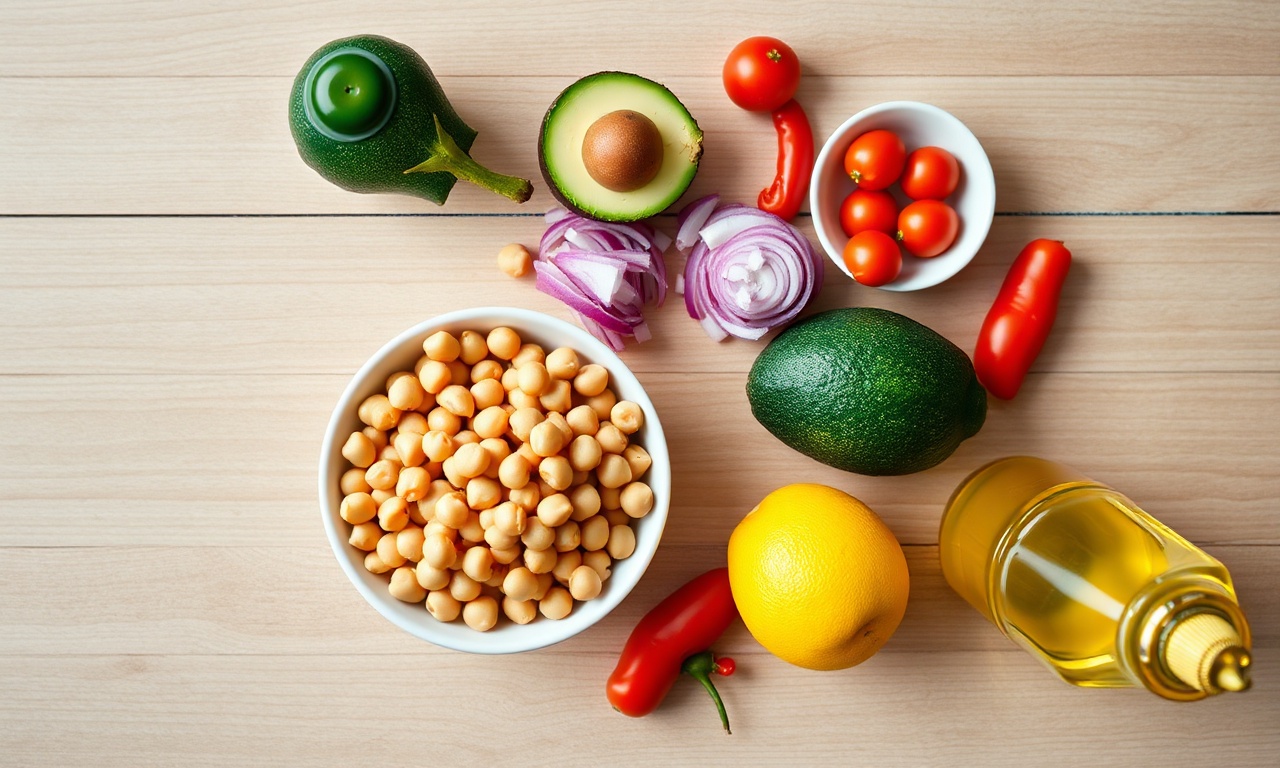 Vista de cima dos ingredientes organizados em recipientes individuais