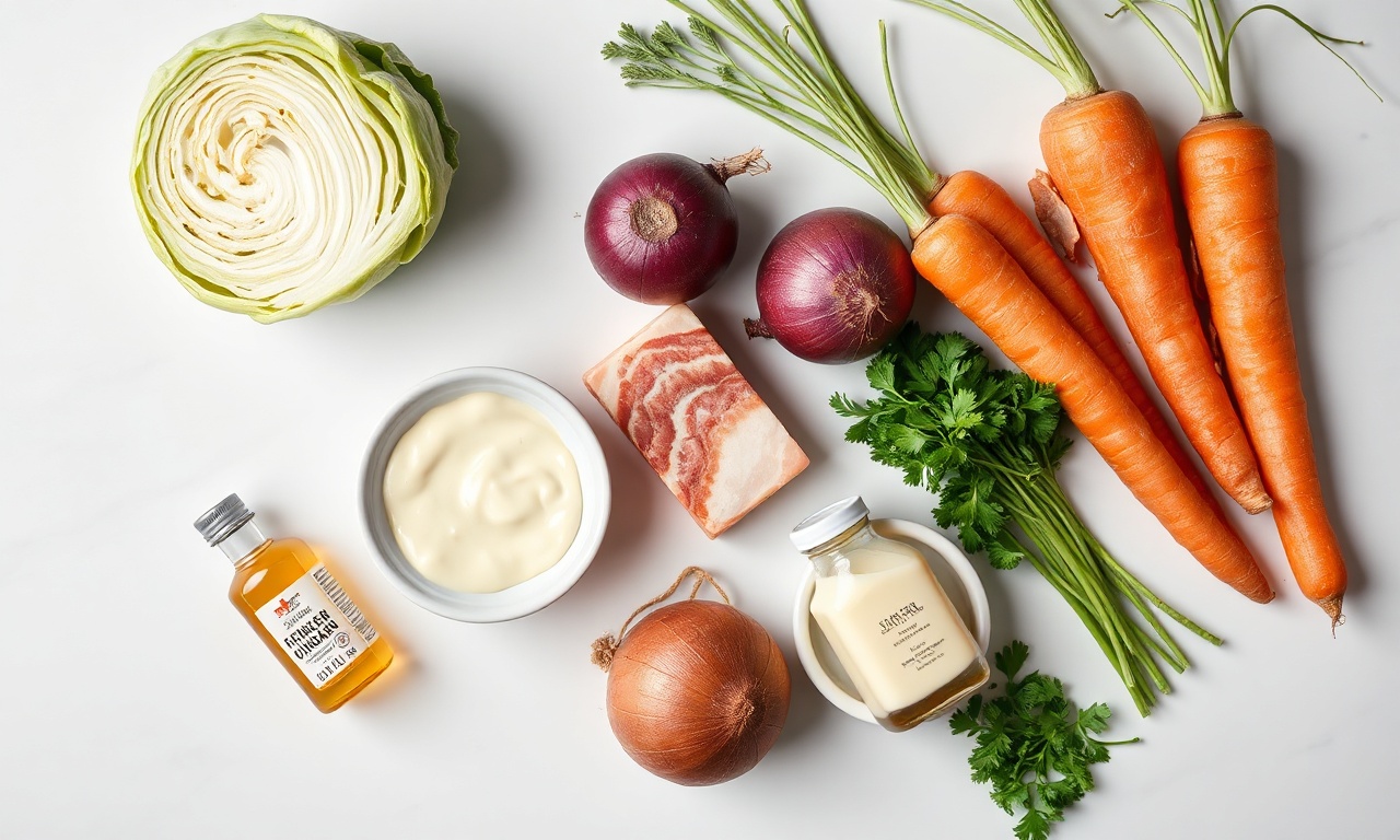 Salada De Repolho Cremosa Com Bacon: A Definitiva Para Churrasco 4 Vista de cima dos ingredientes frescos e organizados.