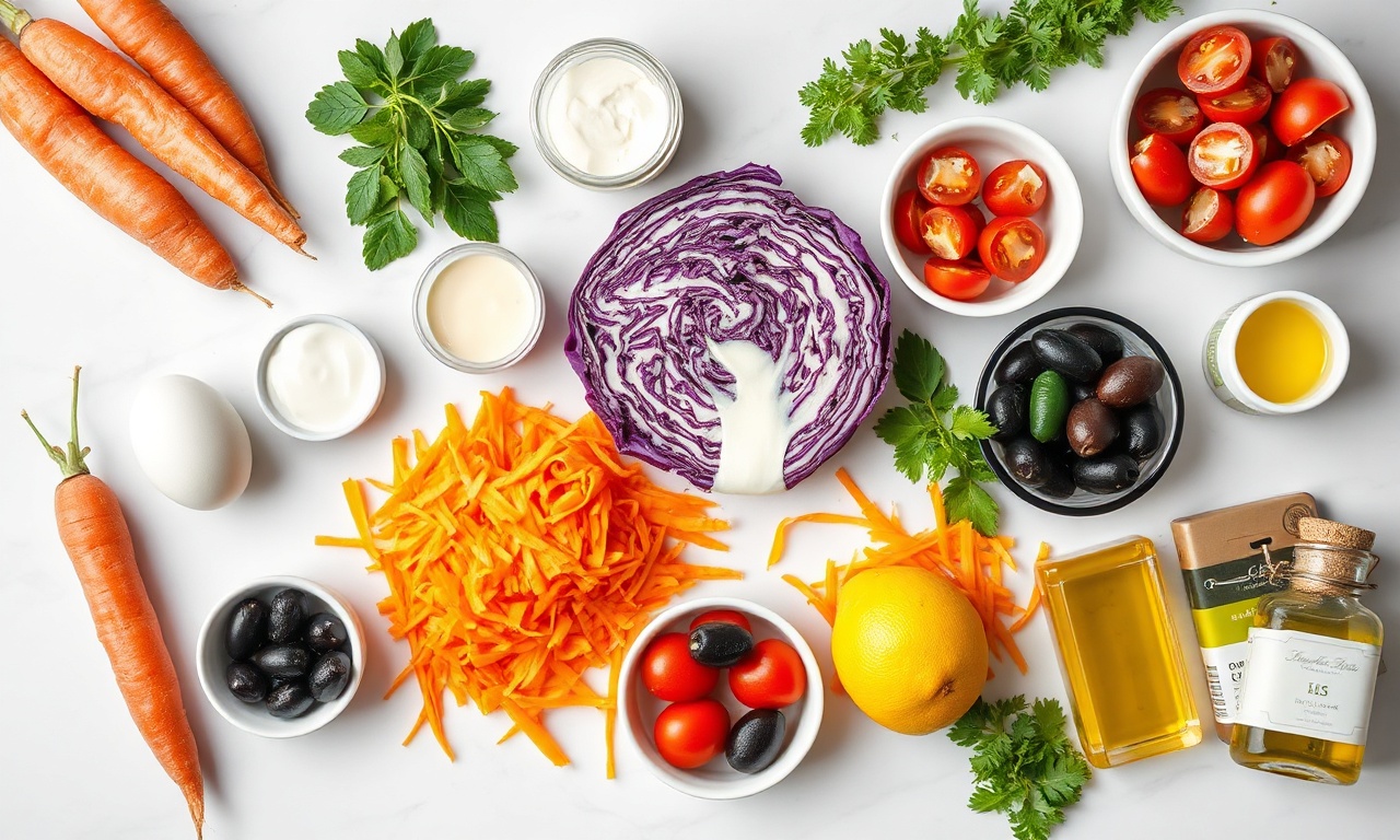 Vista de cima dos ingredientes frescos organizados sobre superfície de mármore.