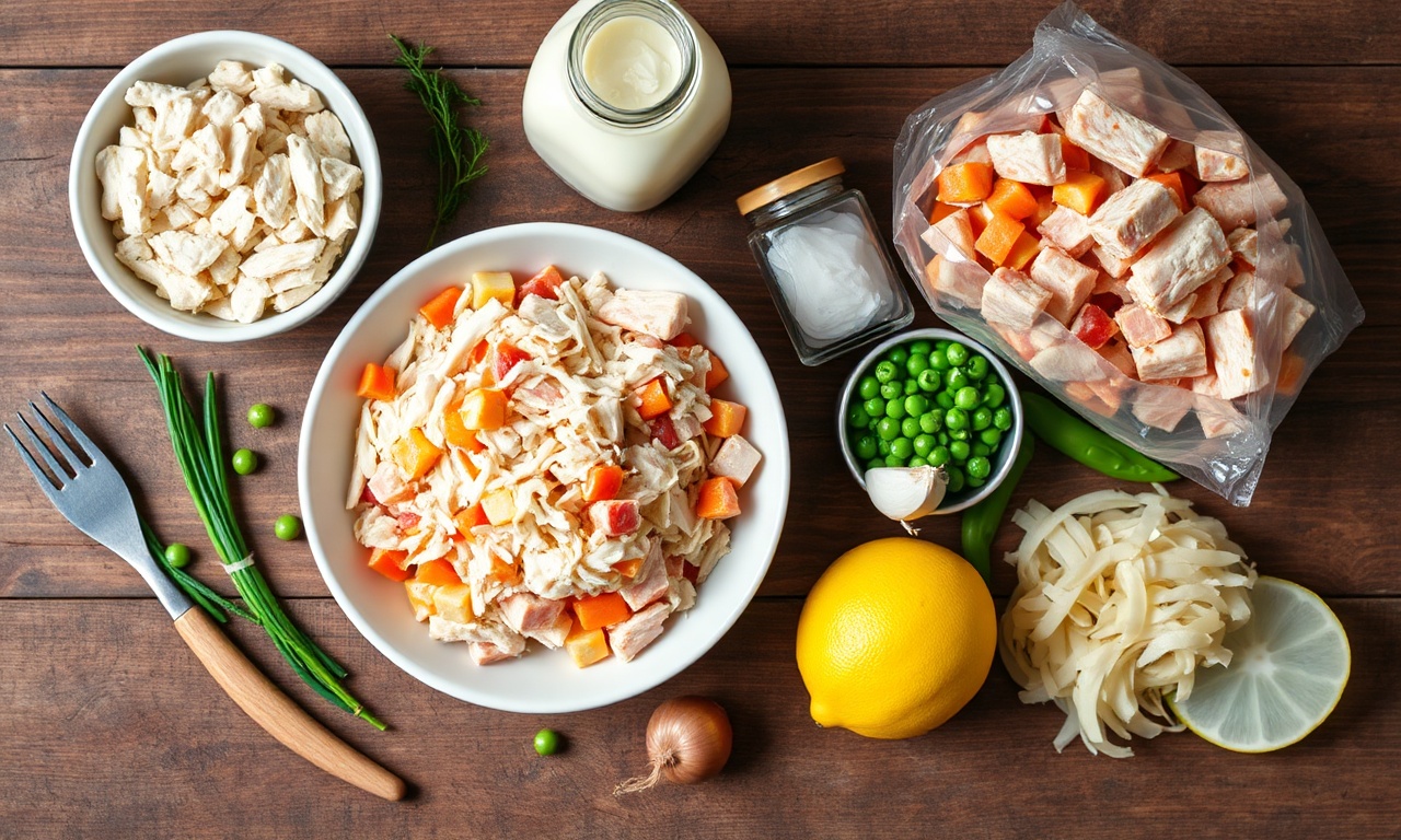 Salpicão De Bacalhau Fácil E Cremoso Para Impressionar 4 Vista de cima dos ingredientes frescos e organizados sobre uma superfície de madeira.
