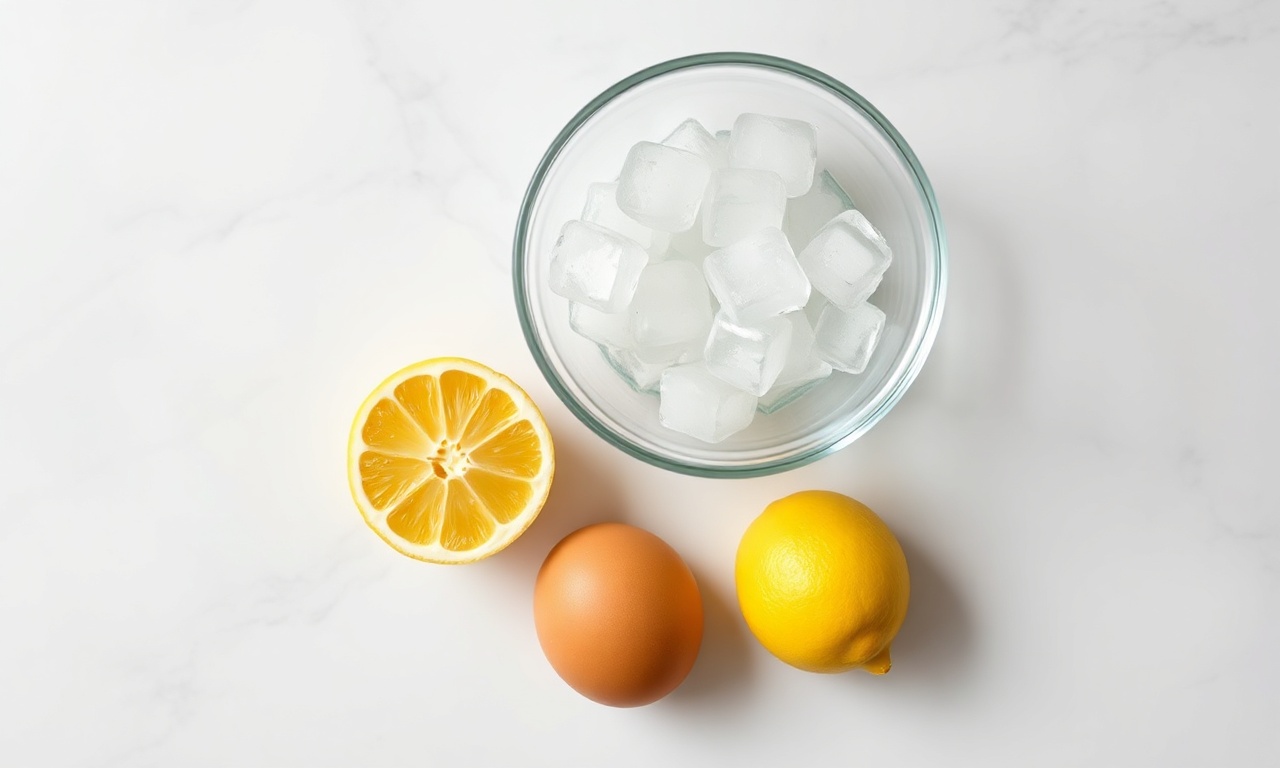 Vista de cima dos ingredientes para a correção: limão, ovo e um recipiente com água gelada.