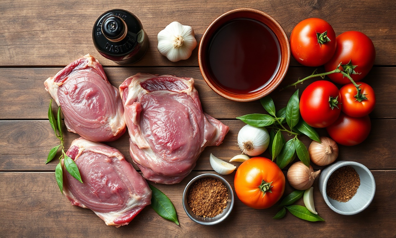 Vista de cima dos ingredientes para sarapatel, incluindo vísceras, sangue, dendê e temperos.