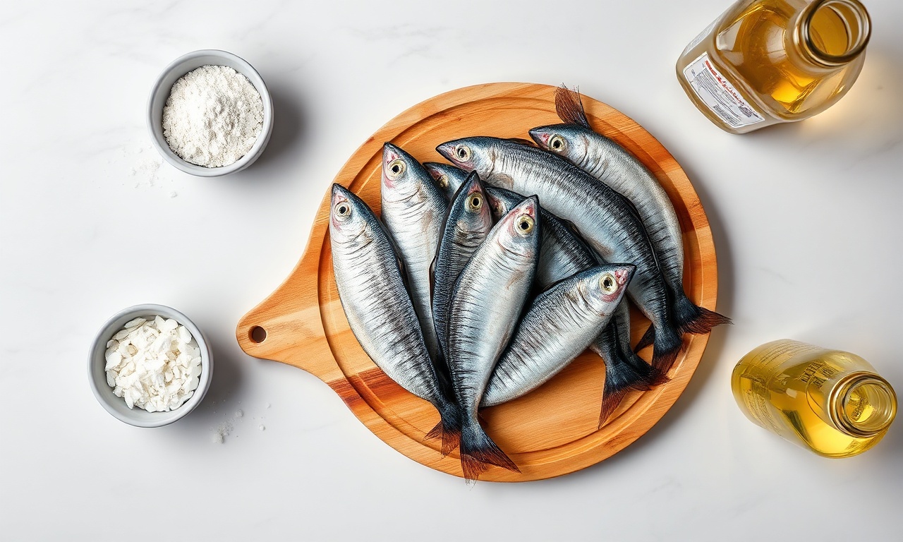 Sardinha Frita De Boteco: Crocante E Pronta Em 25 Minutos 4 Vista de cima dos ingredientes crus e organizados na bancada.