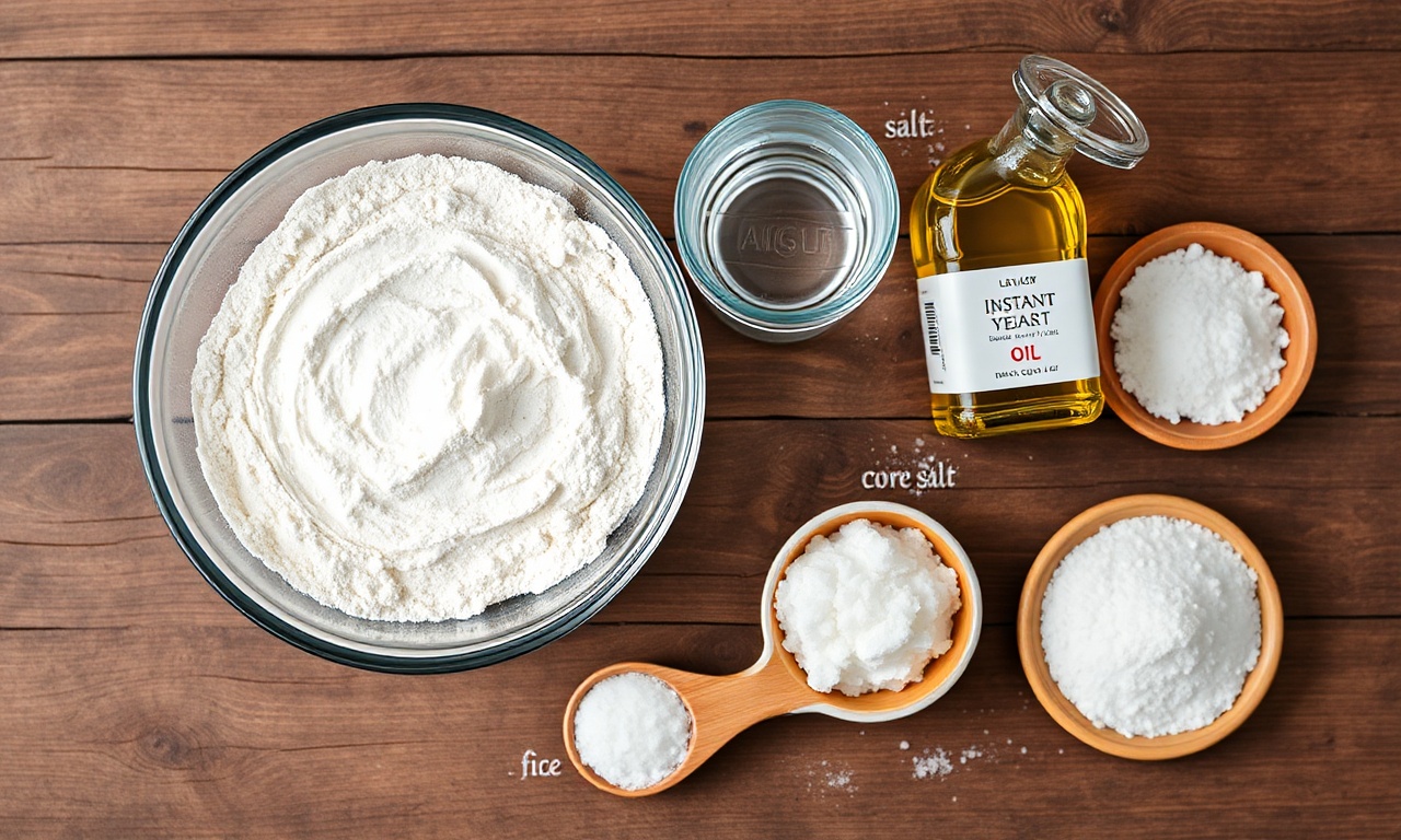 Vista de cima dos ingredientes simples e essenciais para o pão.